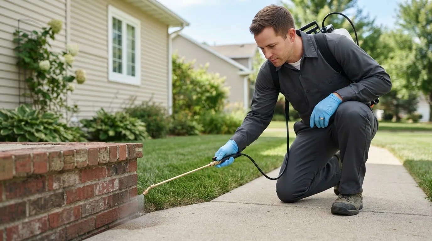 Pest control technician treating a home near Foxhome, MN